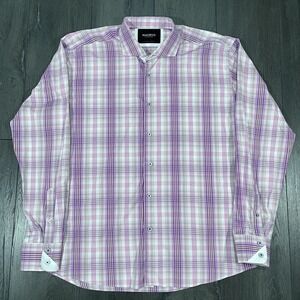 Maceoo Shirt Mens XL Pink Tartan Plaid Button Up Long Sleeve Flip Cuff Stretch